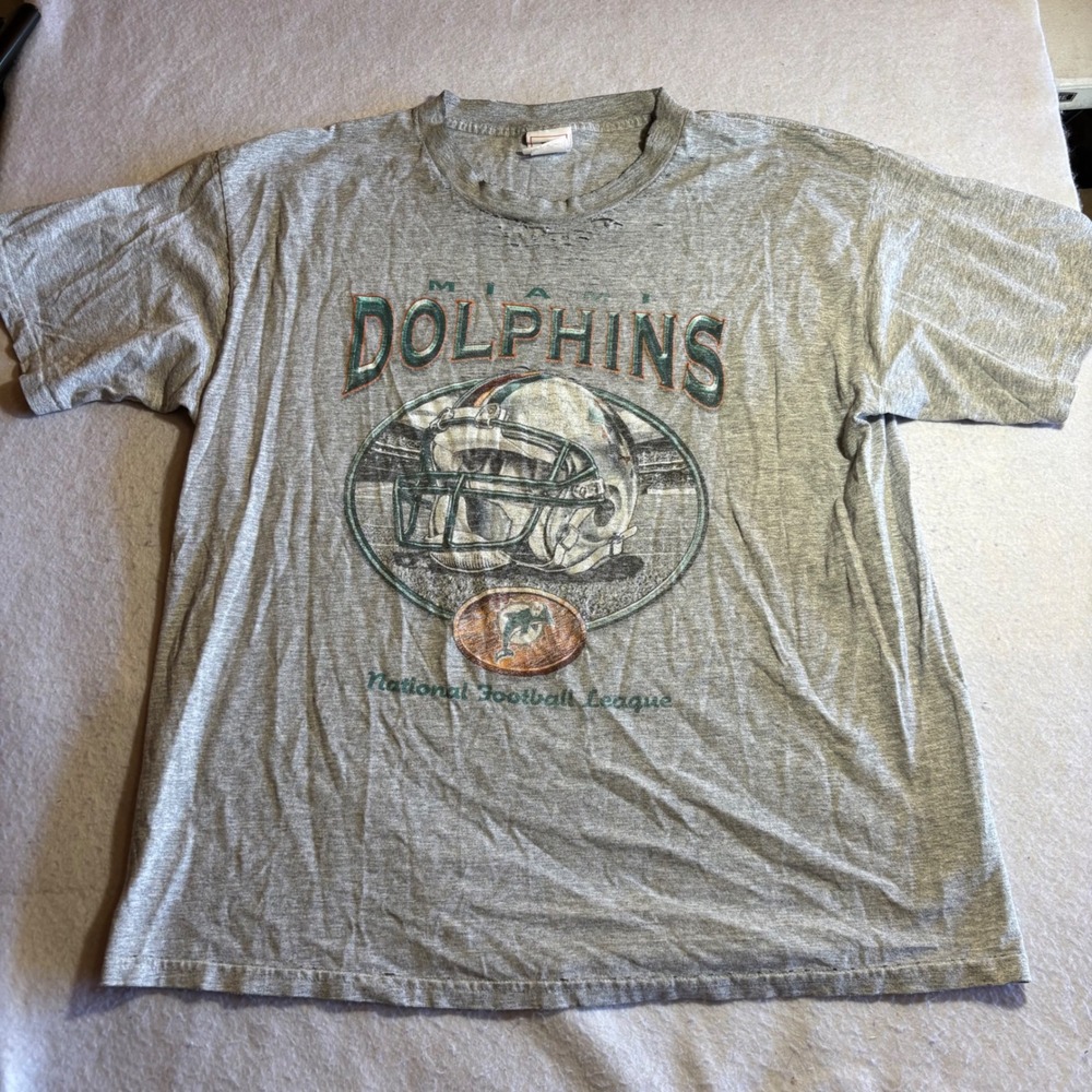 Vintage Mens Miami Dolphins NFL Football T Shirt Gray Size XL Trashed